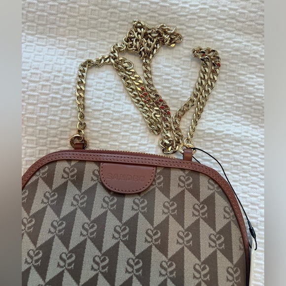 NWT Sandro Marron Brown Small Canvas Leather Logo Chain Strap Crossbody Bag - Picture 8 of 16